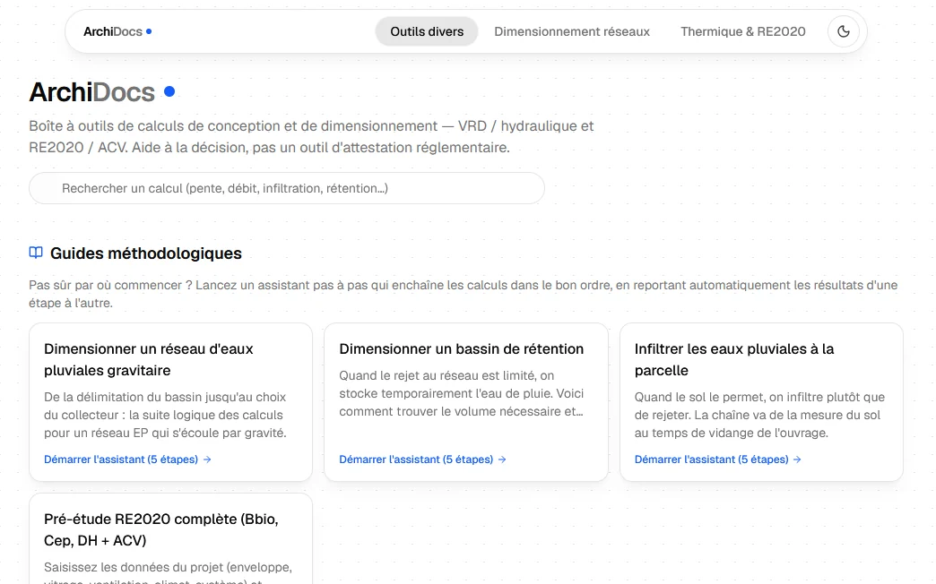 Accueil d'ArchiDocs : champ de recherche d'un calcul et guides méthodologiques pas à pas.