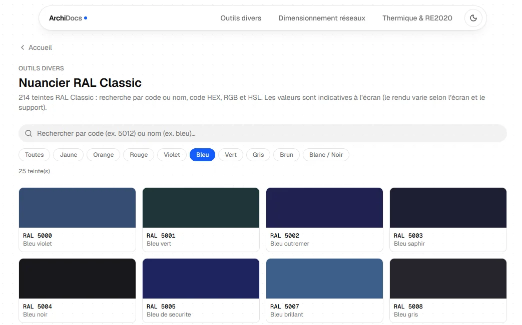 Nuancier RAL Classic d'ArchiDocs : 214 teintes filtrables, ici les bleus.
